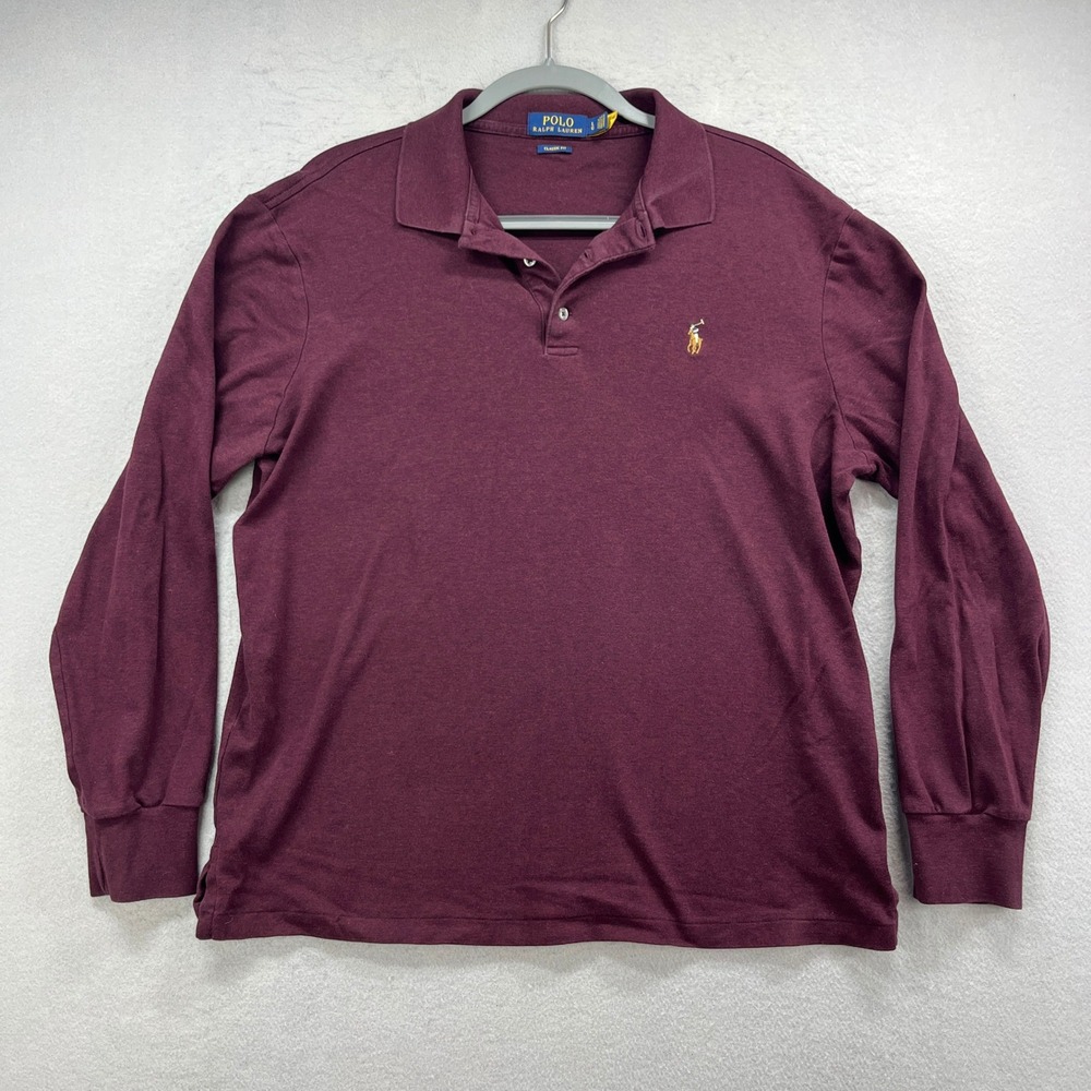 Polo Ralph Lauren Polo Shirt Men L Burgundy Classic Long Sleeve Rugby Flesh Pony